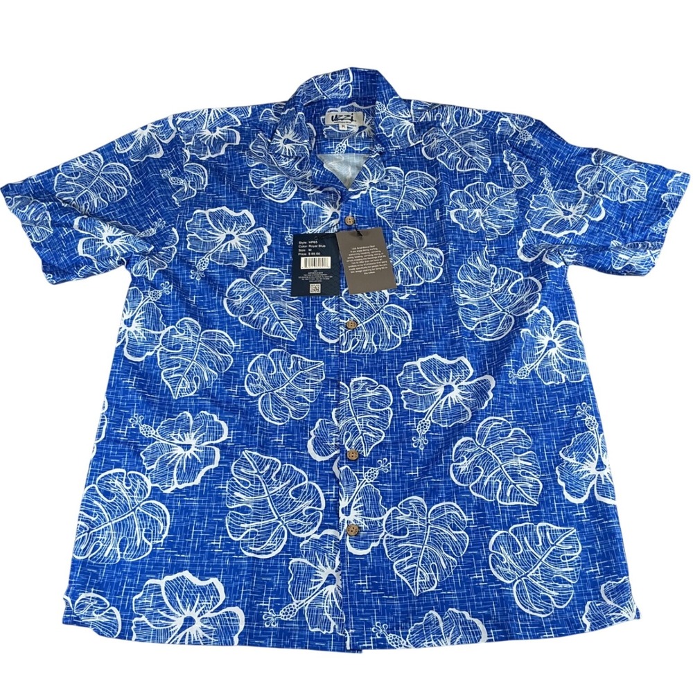 Uzzi Amphibious Gear Mens Aloha Shirt Blue Hibiscus Dri-Fit‎ UV HP65 NWT Size M